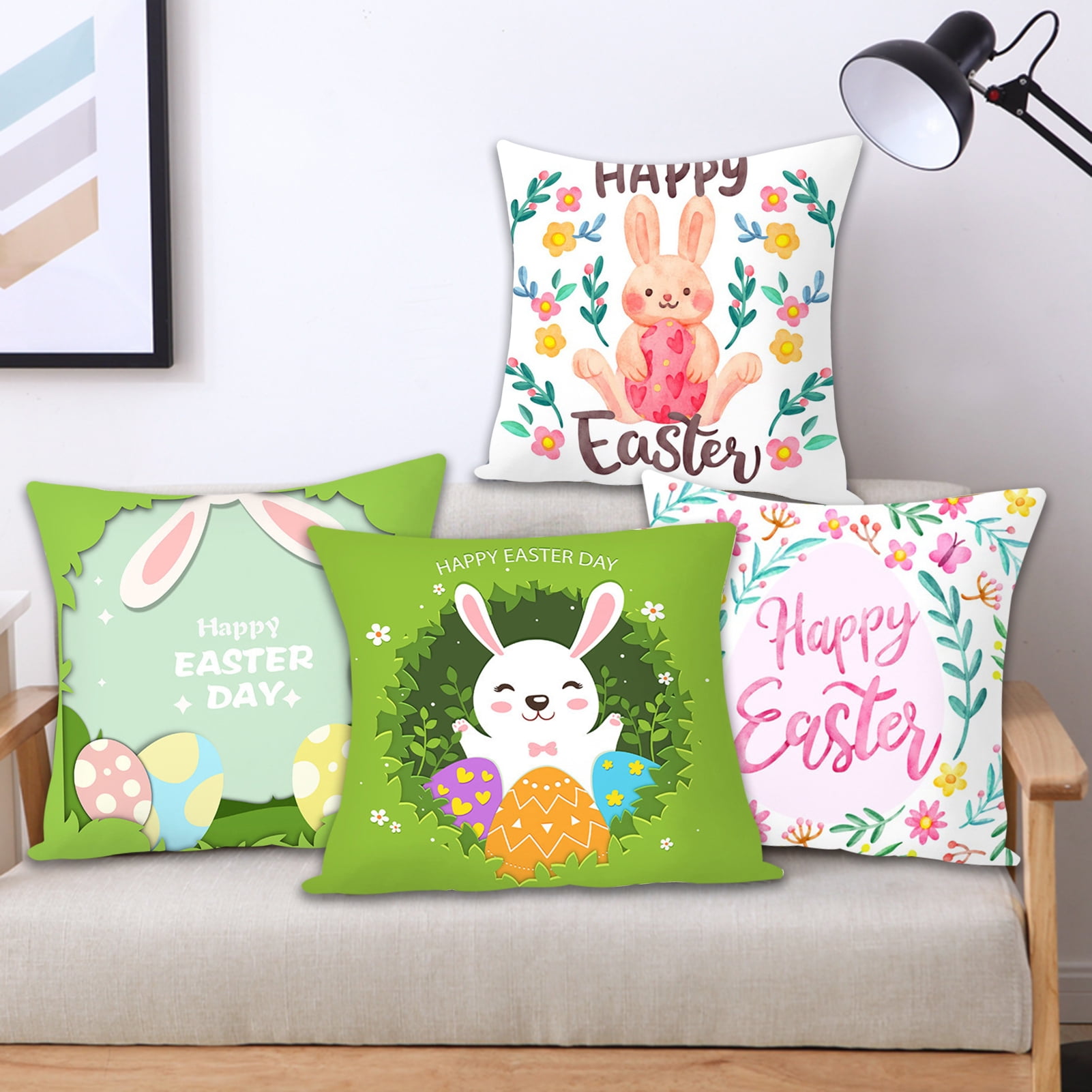 Windfall Easter Pillow Covers 18x18 Inch Set of 4, Rabbit Bunny Throw Pillow Case Cushion Cover