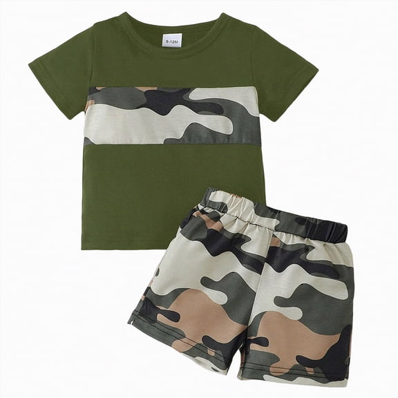 mgoYE Baby Boy Clothes 6-9 Months Boys' 2 Piece Summer Outfit Cool Dinosaur & Camouflage Graphic Short Sleeve Tee & Shorts Set(Dark Green,9-12 Months)