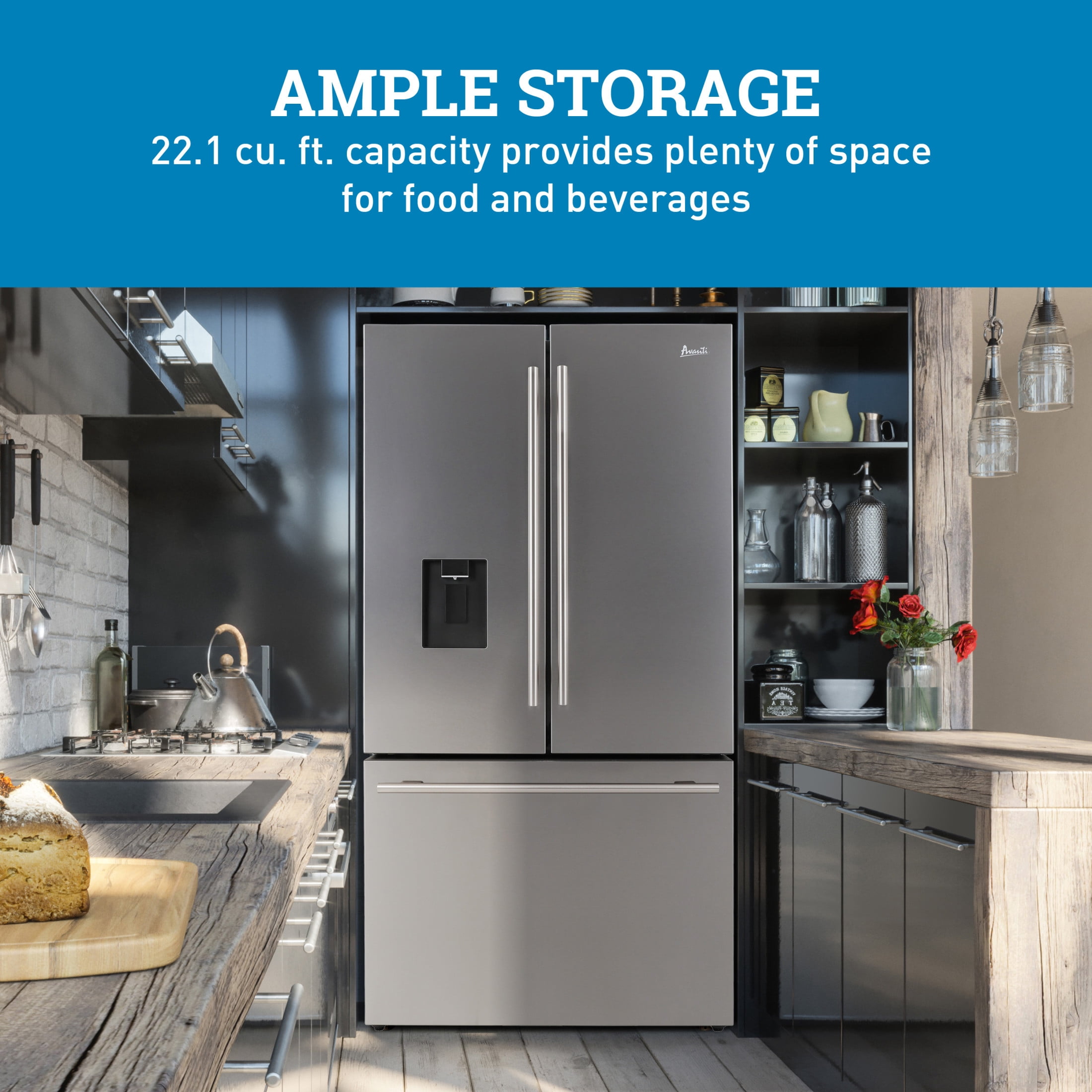 Avanti French Door Refrigerator with Water and Ice Dispenser, 22.1 cu ft Capacity, in Stainless Steel (FFFD22IWR3S)