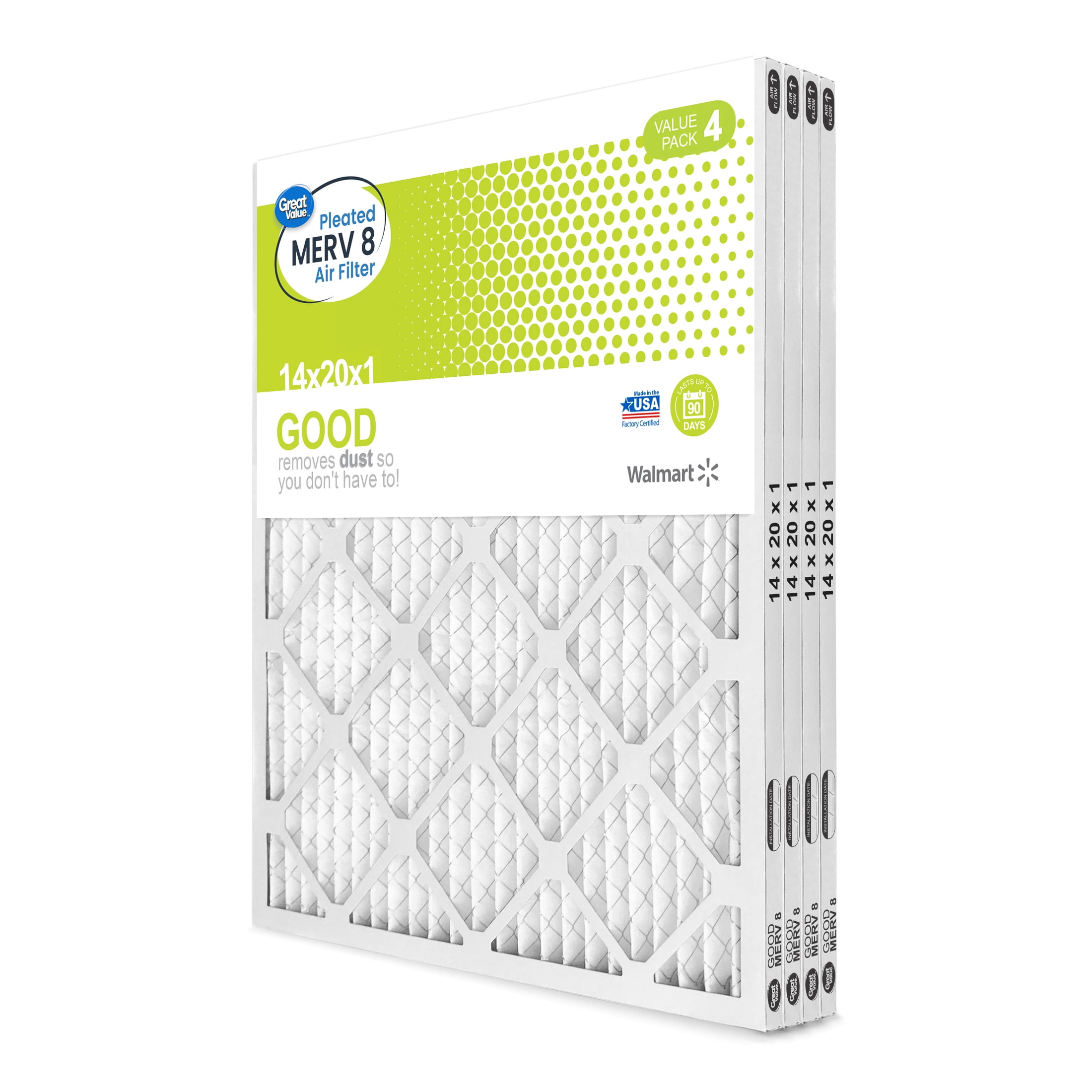 Great Value, 14x20x1, MERV 8 GOOD HVAC Air and Furnace Filter, Captures Dust, 4 Filters