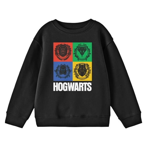 Harry Potter Hogwarts House Mascot Faces Boy's Black Long Sleeve Sweatshirt-XL