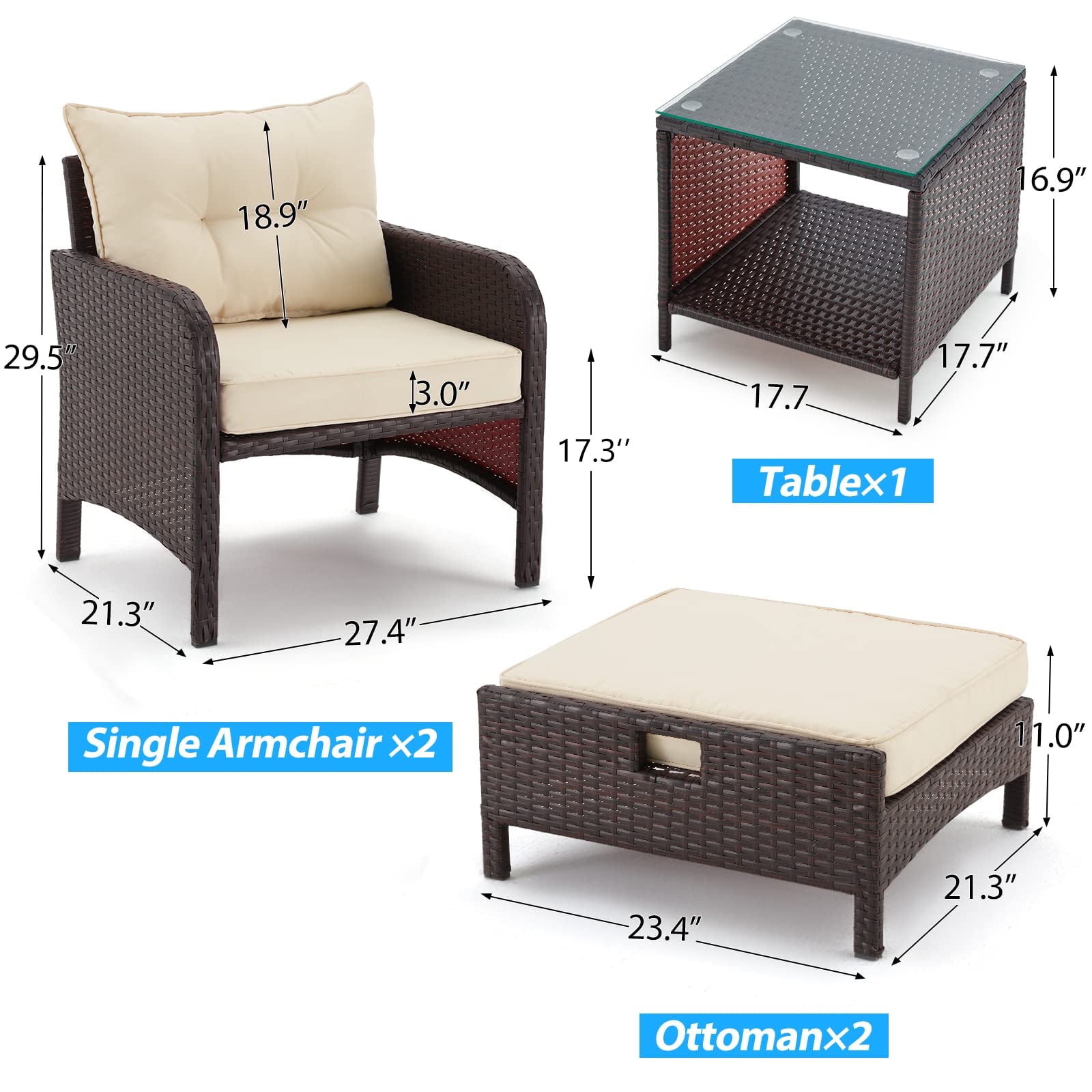 AVAWING 5 Piece Patio Furniture Set, Outdoor Rattan Conversation Sofa Set, Wicker Couch Set, Khaki