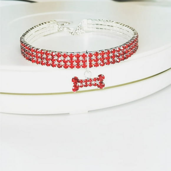 SHAR A S Red Rhinestone Pet Collar Adjustable 3 Row Crystal Diamond Cat Dog Collar Elastic Pet Collar Pendant