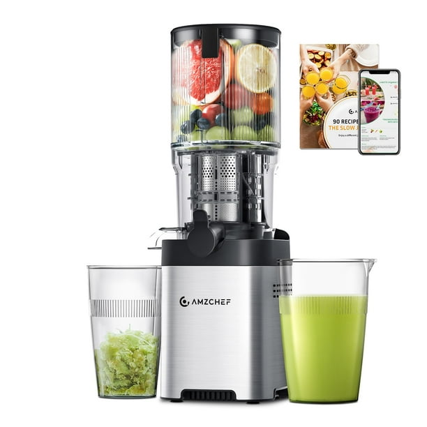 AMZCHEF Exprimidor de prensa en frío, máquinas exprimidoras – Canal de alimentación grande de 5.2 pulgadas para frutas y verduras enteras, exprimidor de masticación lenta de acero inoxidable fácil de
