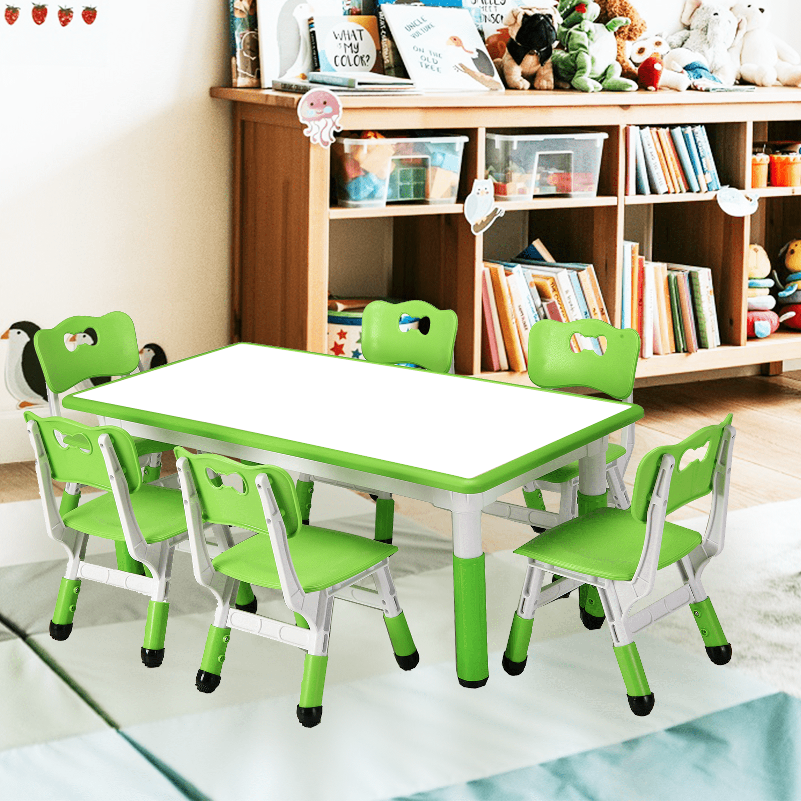 TEQIN Kids Study Table and 6 Chairs Set, Height Adjustable Toddler Table & Chair Set for Kids Ages 2-10,  Graffiti Desktop,Anti-Slip Floor Mats, Easy-Clean Desktop for Homeschool, Preschool, Home