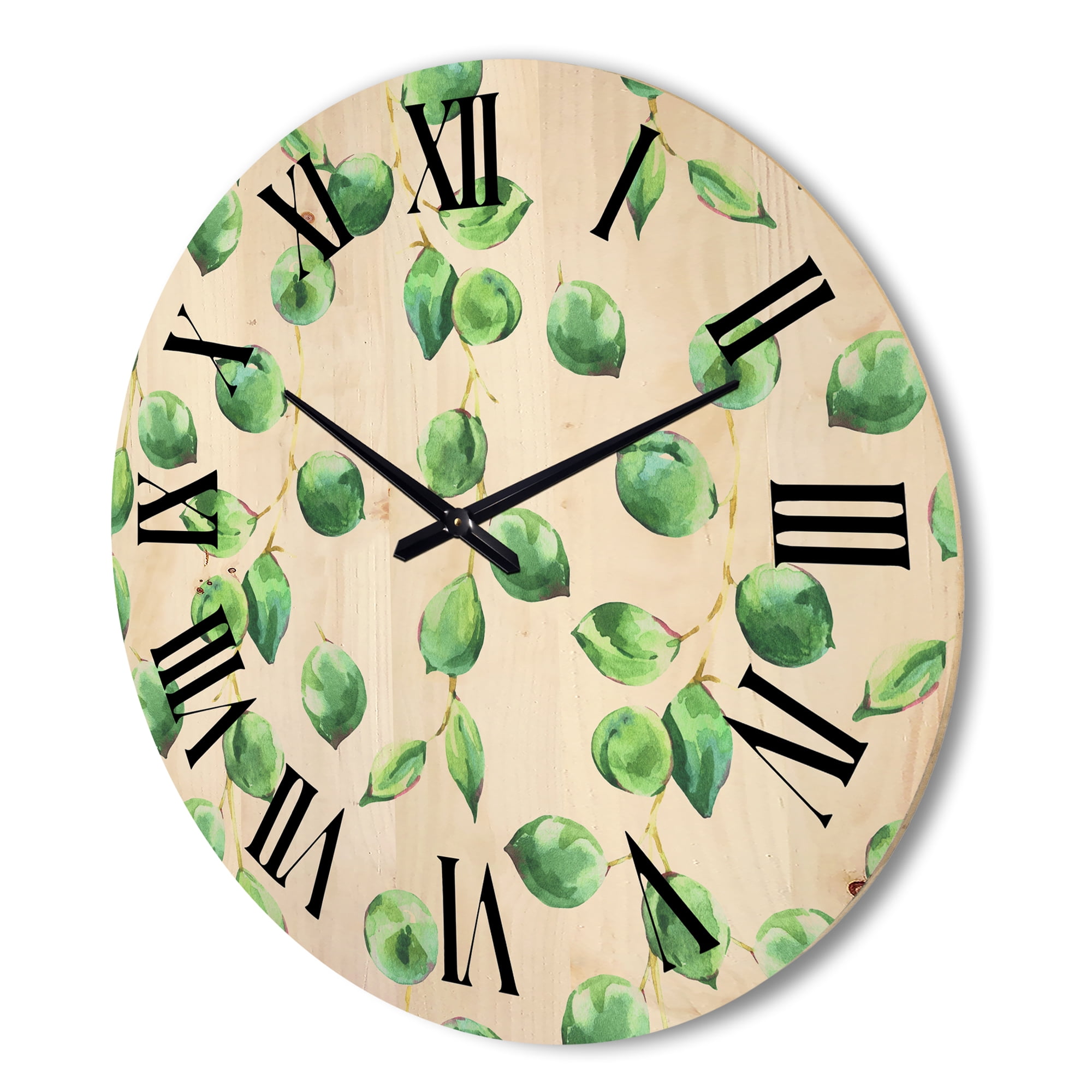 Designart 'Tropical Green Leaves Patern On White' Tropical Wood Wall Clock