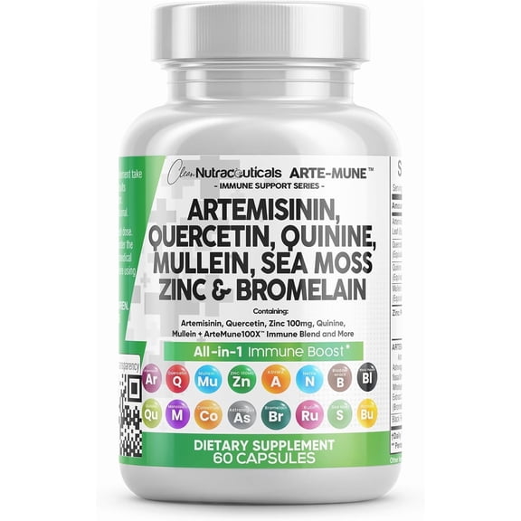 Clean Nutraceuticals Artemisinin Quercetin Zinc Mullein Quinine Supplement with Sea Moss Bromelain Ashwagandha Root Nettle Leaf Bladderwrack Burdock Root Monolaurin Colostrum Rutin