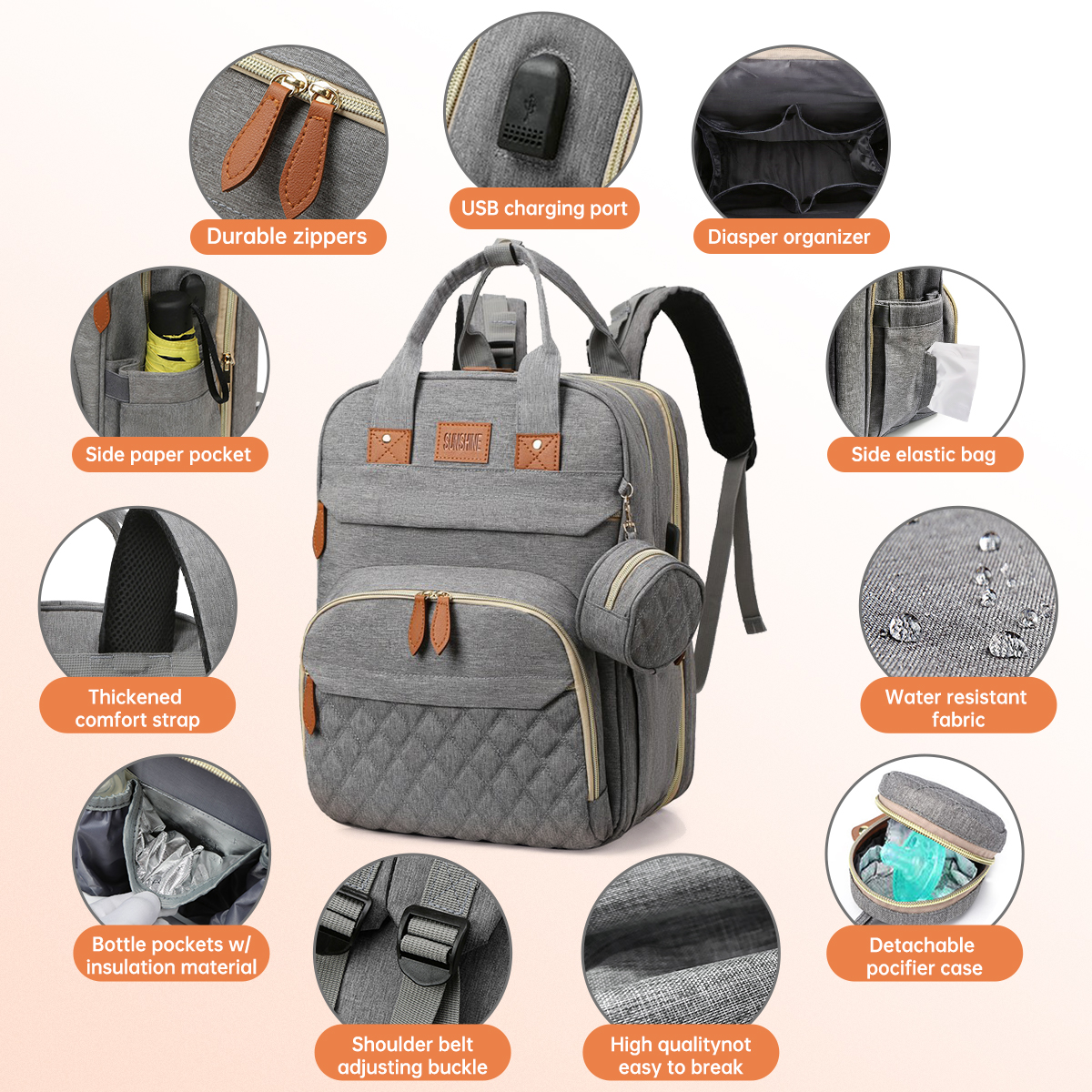 Diaper Bag Backpack, Multifunction Baby Diaper Bag with Changing Station, Large Capacity Waterproof Travel Backpack w/ Pacifier Case & USB Charging, Baby Stuff Organizer, Unisex Shower Gifts(Grey) - image 3 of 7