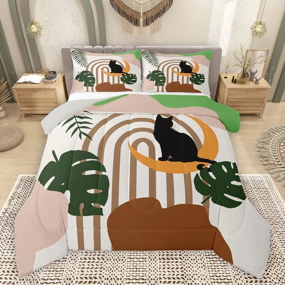 jejeloiu Modern Abstract Geometric Bedding Comforter Set,Cute Black Cat Twin Comforter Sets,Tropical Botanical Monstera Leaf Bedding Set For Girls Boys,Breathable Home Decor Reversible,2-Piece