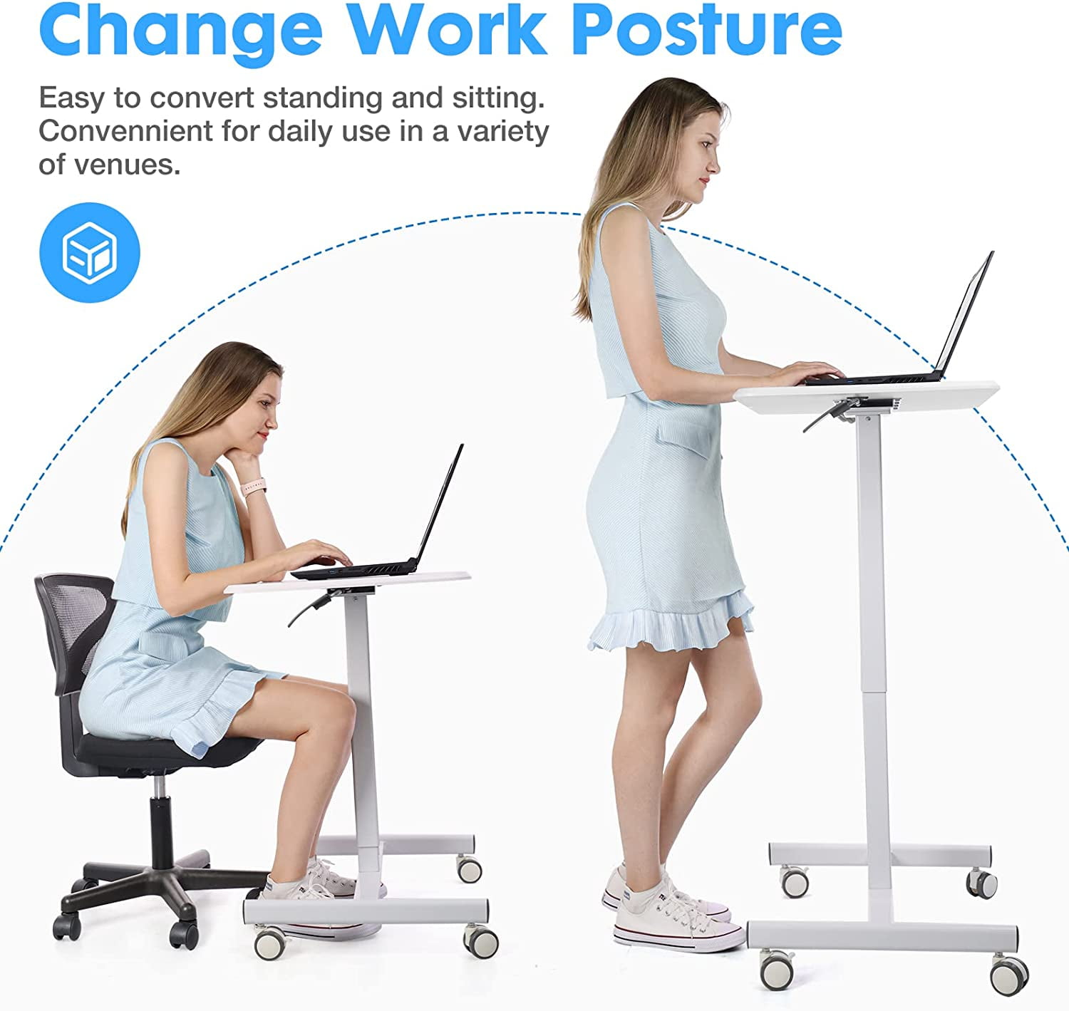 Small Standing Desk, Mobile Stand up Desks with Lockable Wheels, Adjustable Height, 26 Inch Portable Rolling Laptop Computer Desks for Home, White