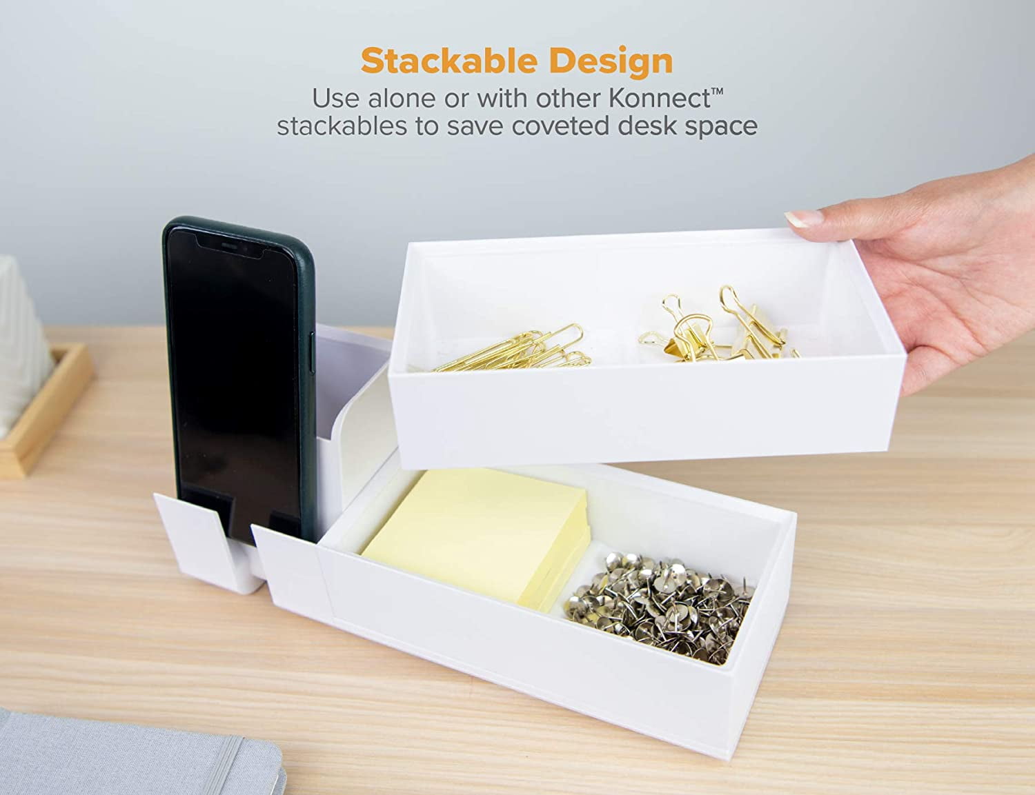 Office Konnect Desk Organizer Accessory Tray, Wide, Stacks for Desktop Storage, White