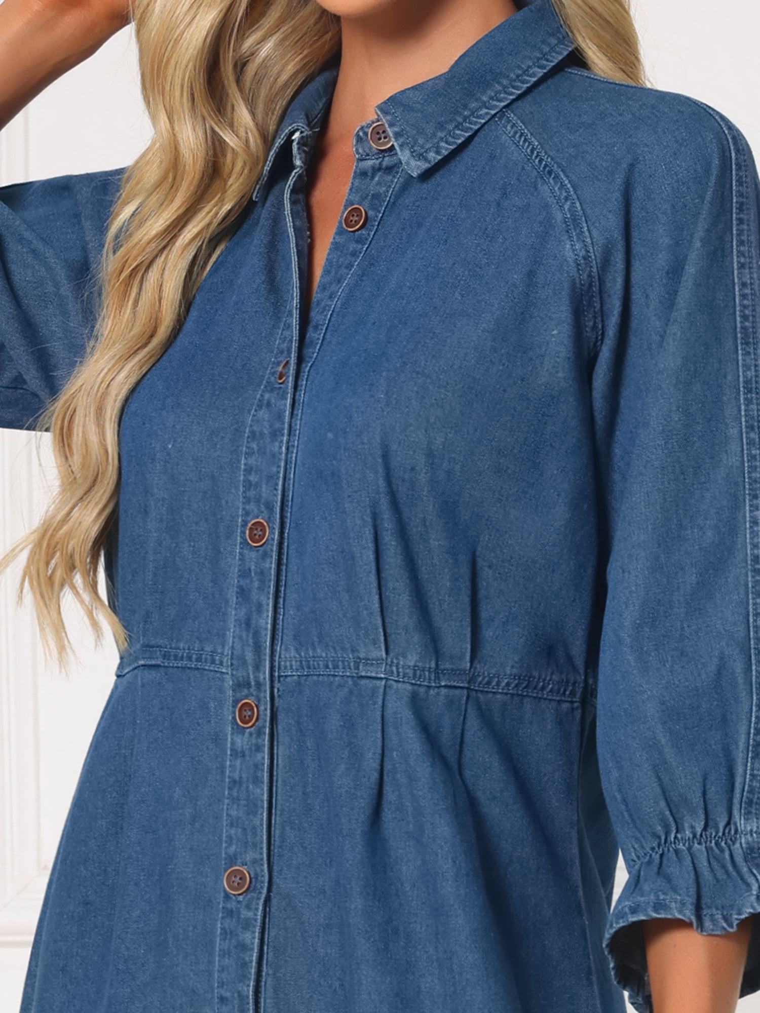 DARING DIVA Women's Collared Ruffle 3/4 Sleeve Jean Button Down Shirt Dress M Gray Blue