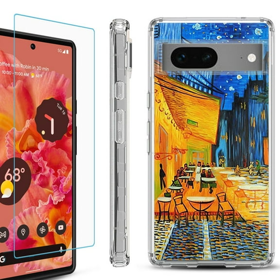 OneToughShield ® for Google Pixel 7a Shockproof Bumper Phone Case, with Tempered Glass Screen Protector - Cafe Terrace