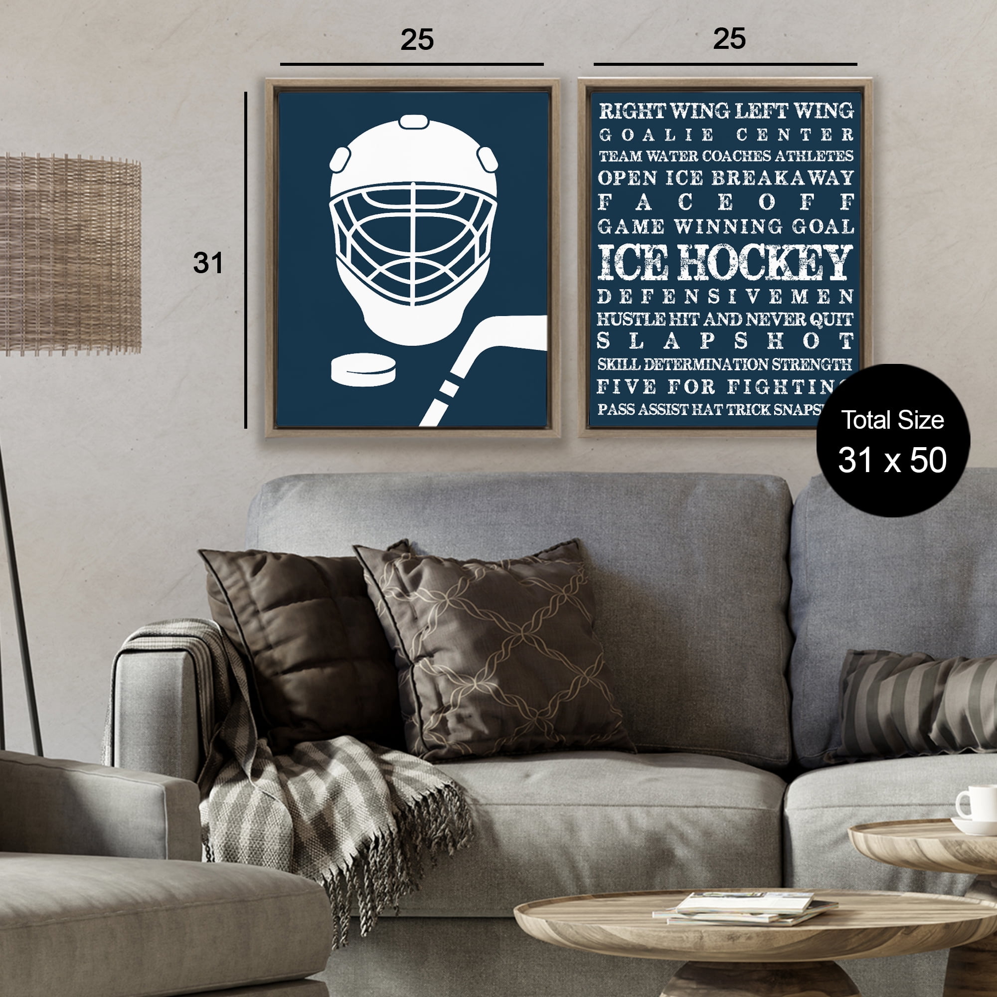 Stupell Industries Hockey Equipment & Phrases 2 Piece Brown Framed Floater Canvas Set, design by Melody Hogan
