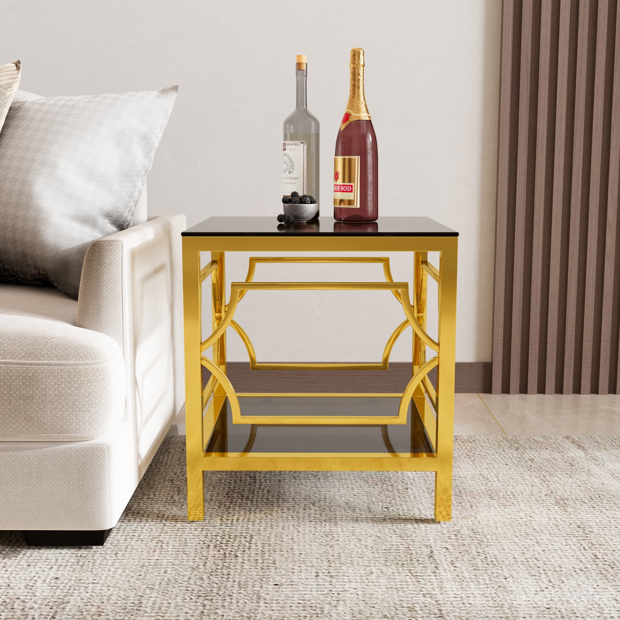 19.7" Round Side Table with Tempered Glass Top, 2-Tier Storage Shelf Modern Small End Table with Metal Frame, Sofa Side Accent Table