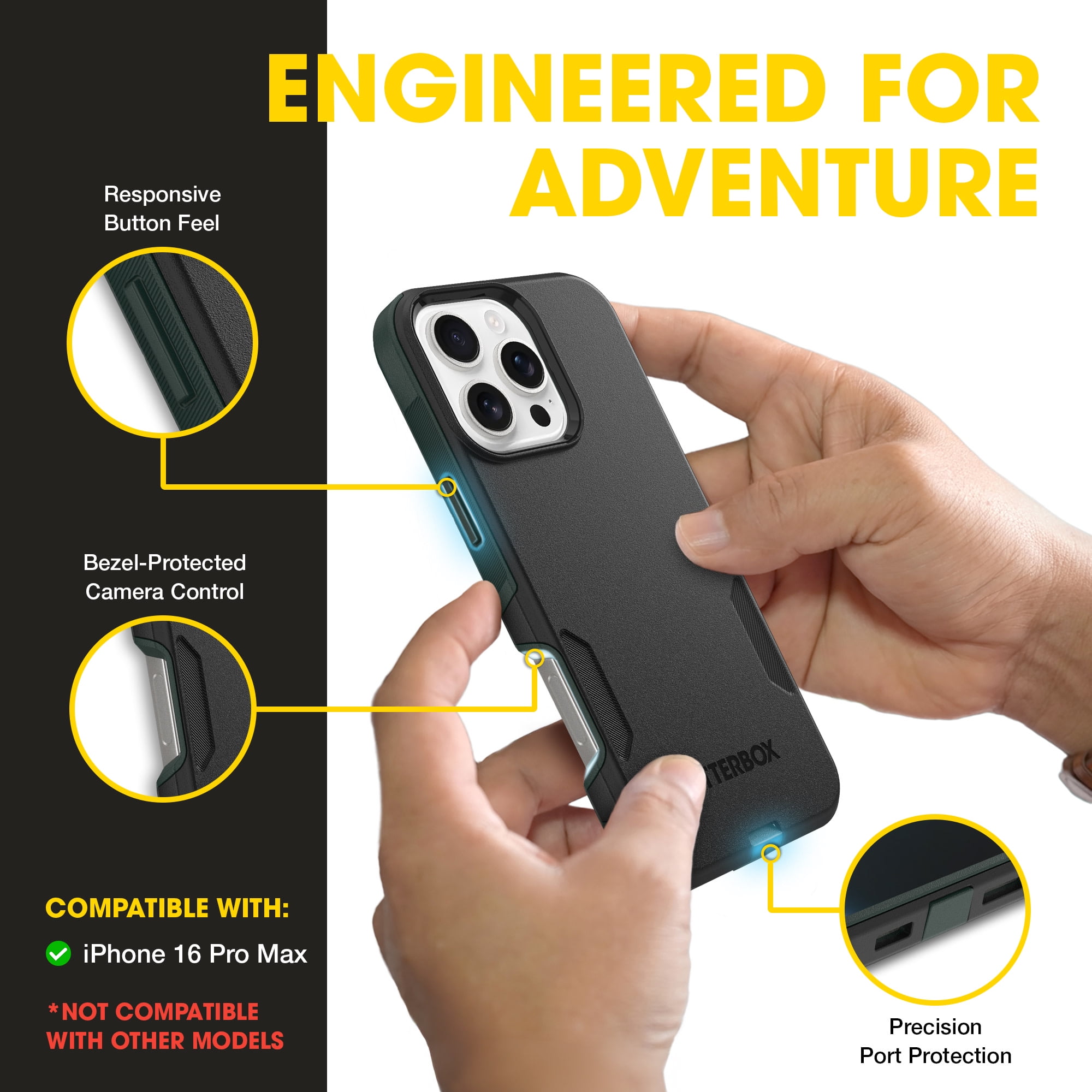 OtterBox iPhone 16 Pro Max (Only) – Commuter Series Case – Built-In MagSafe – Thin, Dual-Layer, Pocket-Friendly, Port Cover – Forest Night (Black/Green)