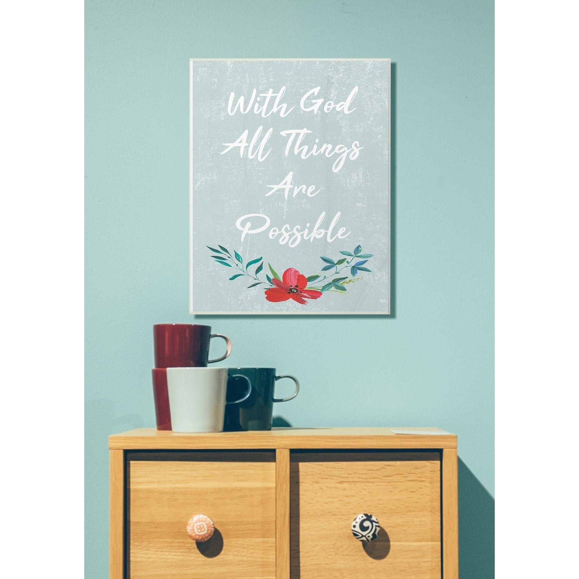 The Stupell Home Decor Collection Blue Wood Texture With God All Things Are Possible Flower Oversized Wall Plaque Art, 12.5 x 0.5 x 18.5