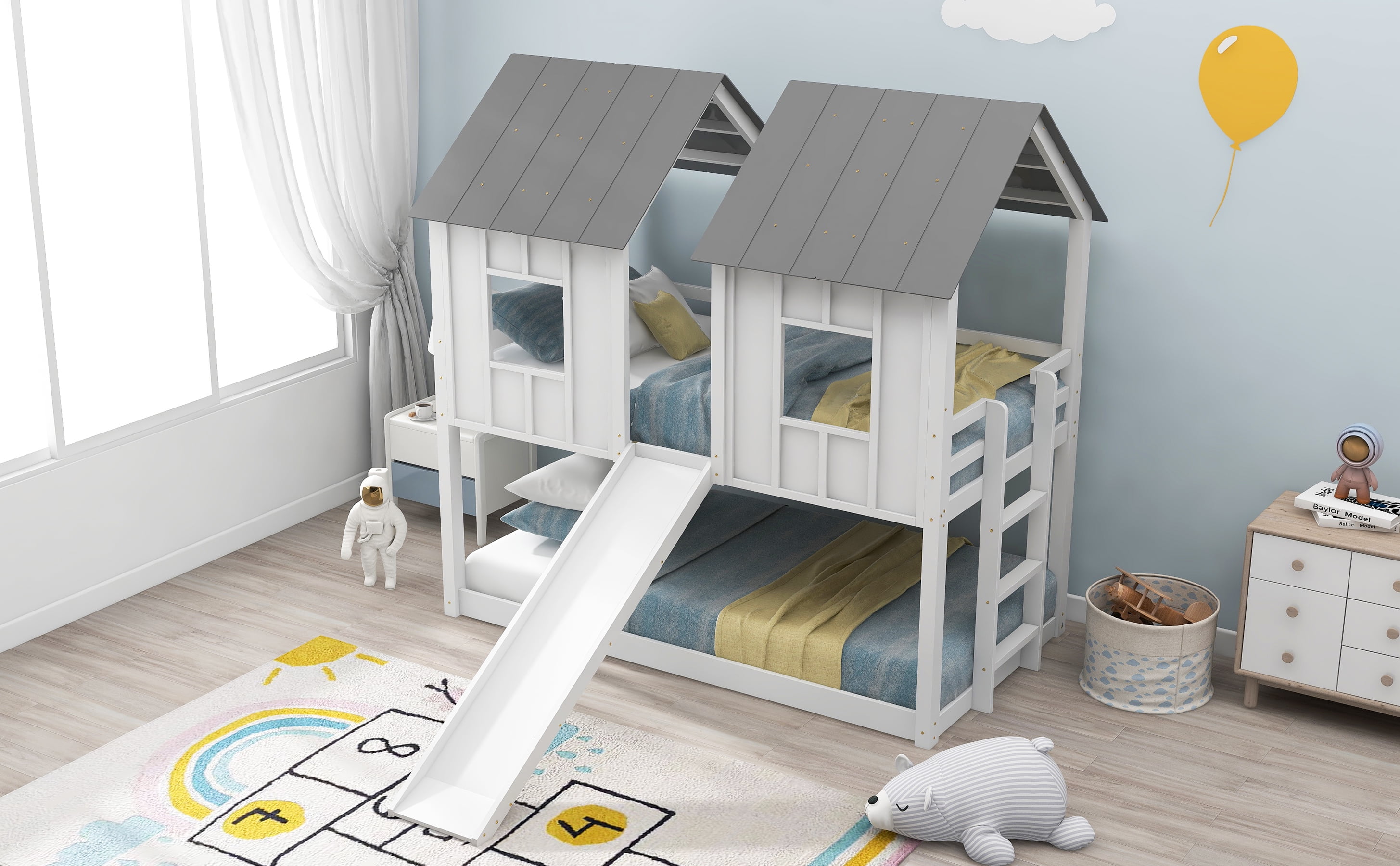 Euroco House-Shaped Twin over Twin Bunk Bed with Roof and Windows for Kids Teens Bedroom, White
