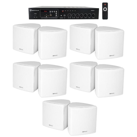 Rockville Commercial Restaurant Bluetooth Amplifier 10) 3.5" White Cube Speakers