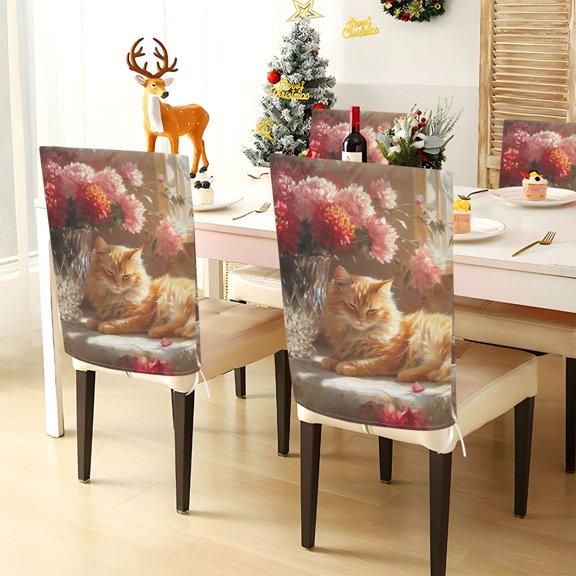 YAZAOO Chair Covers Set Home Kitchen Cat Resting Near Flowers Party Decor Seat Back Cover Protector