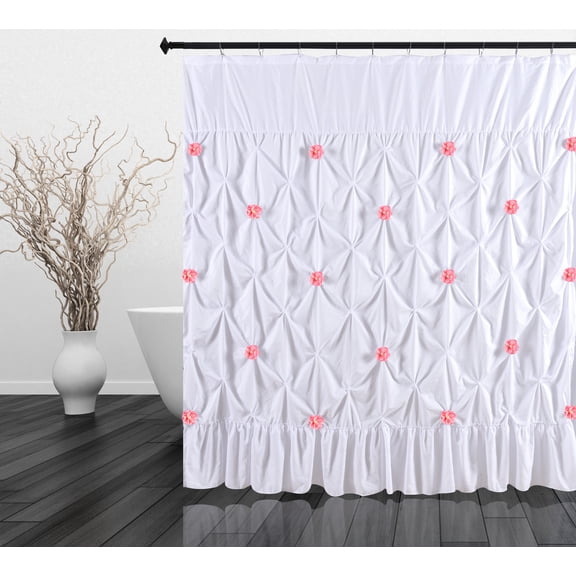 SPRING HOME PINCHED PLEAT FABRIC SHOWER CURTAIN WHITE PINK FLOWER