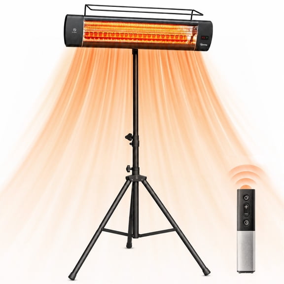 1500W Electric Patio Heater with Tripod, IP65, 3 Heat Levels, 24H Timer, Remote & Touch Control, Black