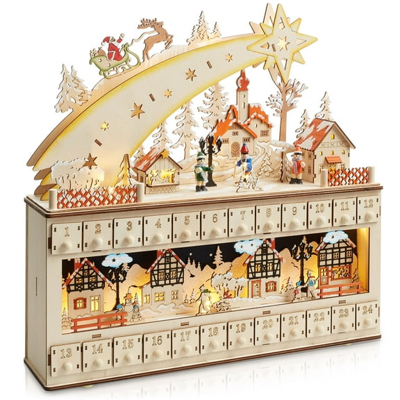 Pre-Lit Wooden Christmas Advent Calendar with Drawers, Holiday Decoration with LED Light-Up Background
