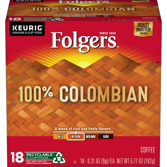 Folgers 100% Colombian Coffee K-Cup Pods, 18 Count
