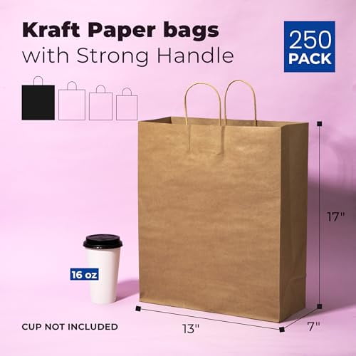 250 Pack 13x7x17 Inches Large Kraft Paper Gift Bags with Handles Bulk, Durable Brown Paper Bags for Party Favors, Craft Gift Bag for Birthday Packaging, Small Business and Shopping Lunch