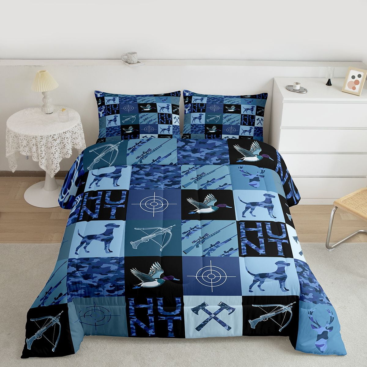 Manfei Farmhouse Dog Duck Queen Comforter Set, Hunting Wildlife Bedding Sets, Blue Rustic Camouflage Reversible Bedding Comforter Set, Lightweight Room Decor, 3-Piece