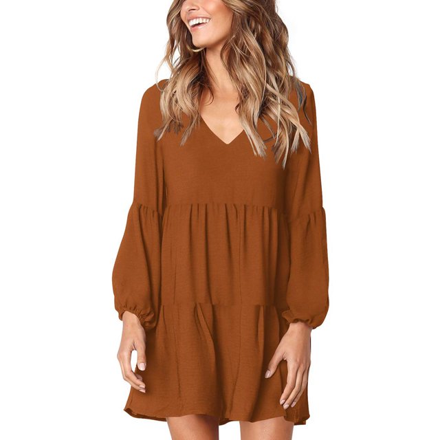 Vestido recto de manga larga, vestido de cuello en V, vestido de manga larga con capas largas, vestido de cuello en V y manga larga, diseño elevado