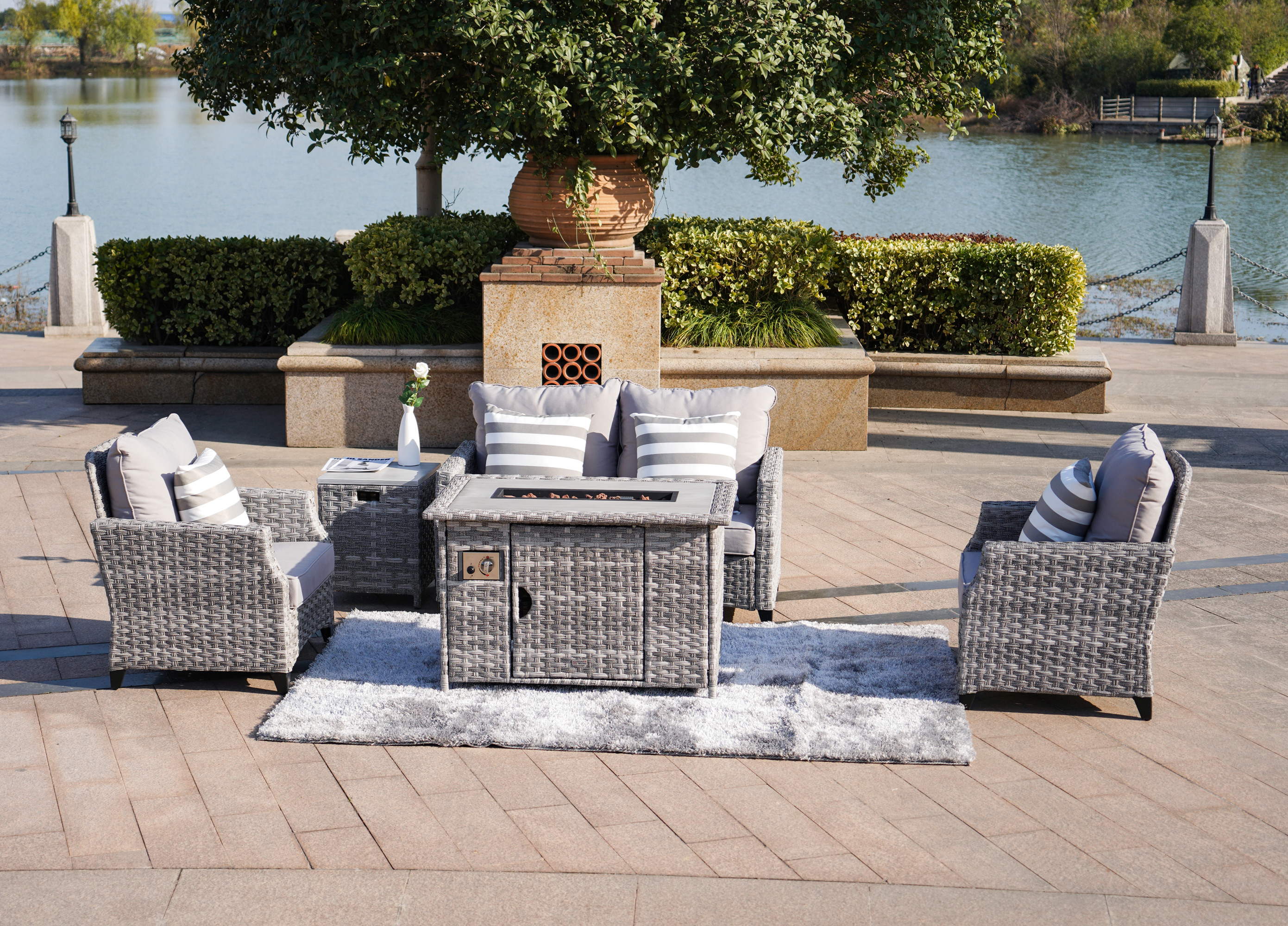 Abrihome Patio Wicker Classic Gas Fire Pit Sets for Garden in the Outdoor