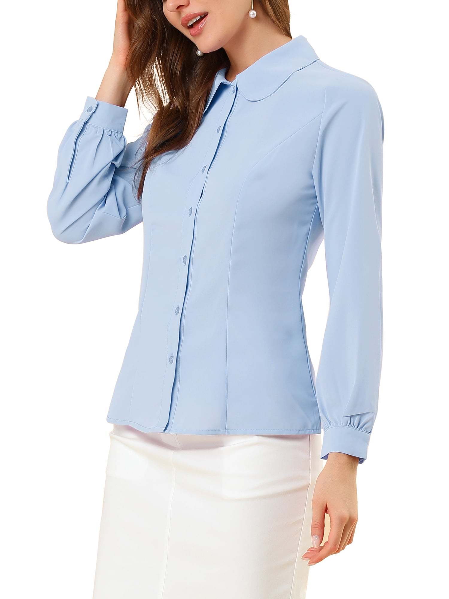 DARING DIVA Women's Peter Pan Collar Long Sleeve Work Office Shirt XL Light Blue