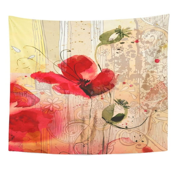 ZEALGNED Red Antique Colorful Grass Watercolor Poppies and Graphics Green Ancient Artistic Wall Art Hanging Tapestry Home Decor for Living Room Bedroom Dorm 51x60 inch