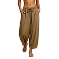 thumbnail image 3 of ClodeEU Women's Linen High Waisted Drawstring Pants with Pockets ,Casual Loose Fit Summer Vacation and Work Trousers Brown,Women's Plus XXL, 3 of 9