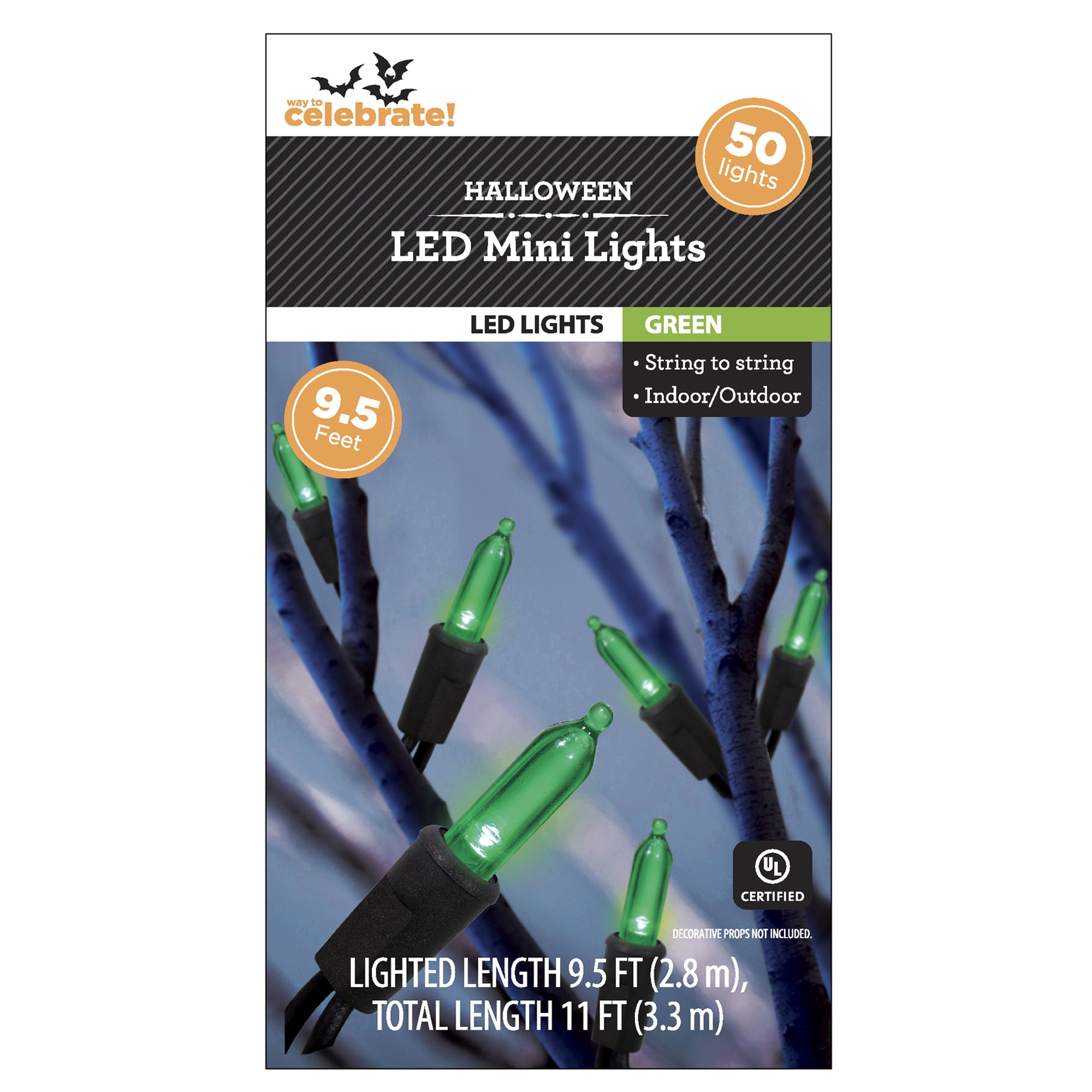 Green Lights, 50CT, LED Minis, 9.5ft, Halloween Indoor/Outdoor, by Way To Celebrate