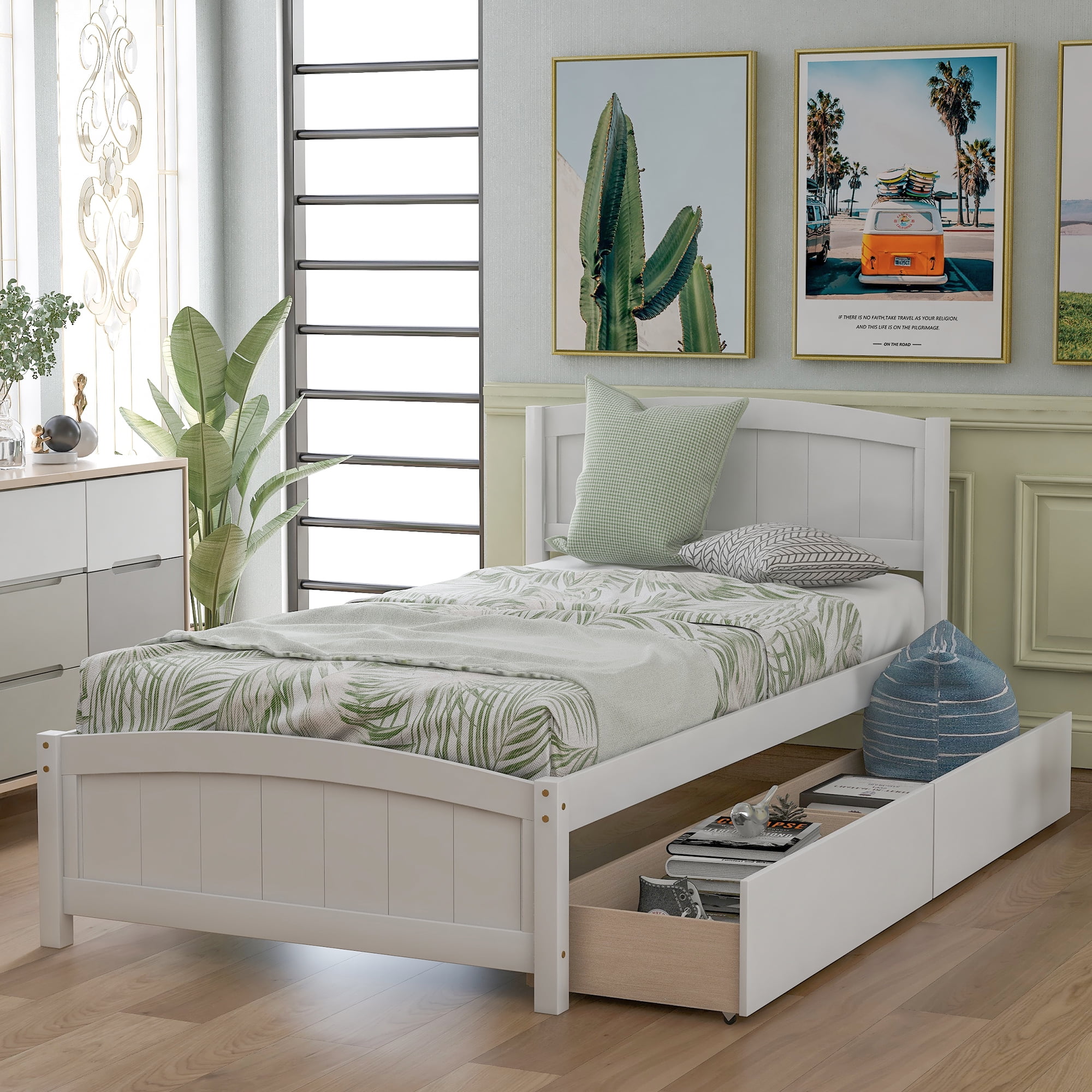 SYNGAR Twin Platform Bed Frame with Headboard, Kids Bed with Storage ...