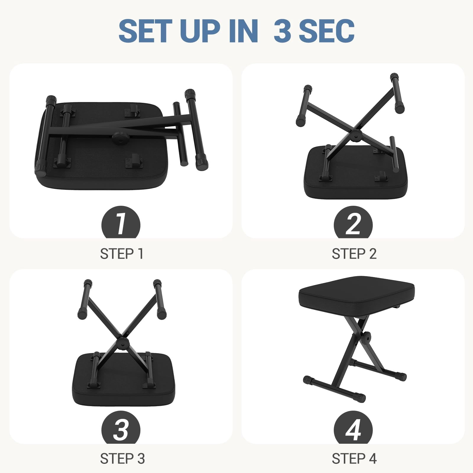 Adjustable Padded Keyboard Bench  X-style Collapsible Piano Guitar Stool With 2.56 Inch Thickness High-density Sponge And 3-position Height Waterproof Non-skid Design Black