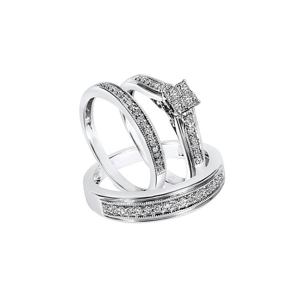 AFFY White Natural Diamond Wedding & Engagement Trio Band Ring Set In 10k White Gold (0.5 Cttw)