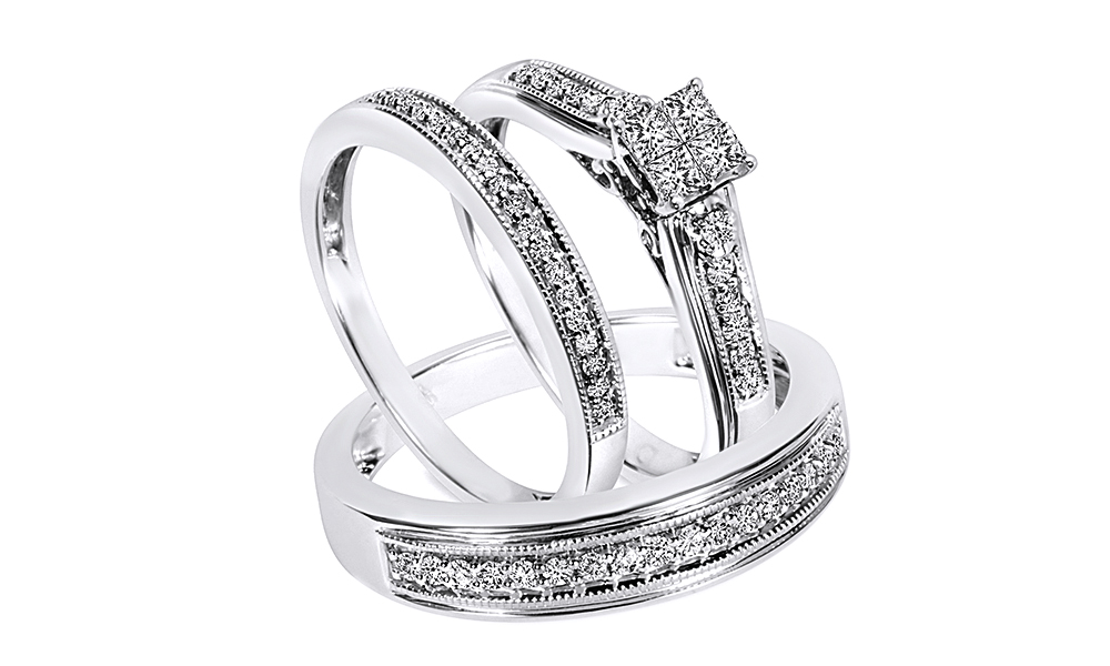 AFFY White Natural Diamond Wedding & Engagement Trio Band Ring Set In 10k White Gold (0.5 Cttw)
