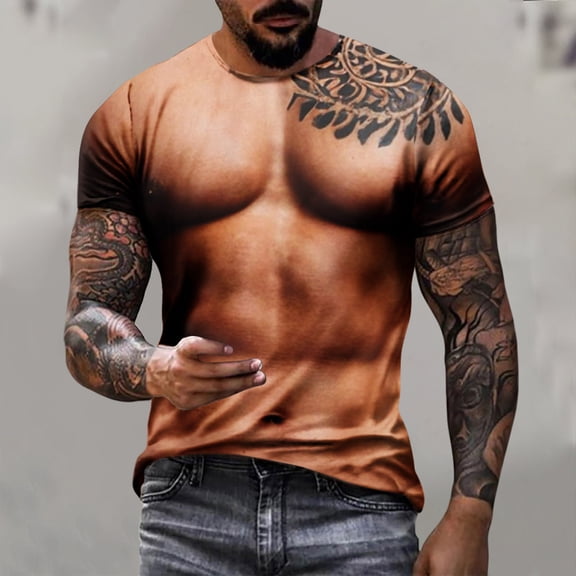 BRGZLK Muscle Print Shirt for Men Summer Casual Funny Fashion 3D Graphic Print Loose Comfy Round Neck Short Sleeve Tshirt Top Khaki L