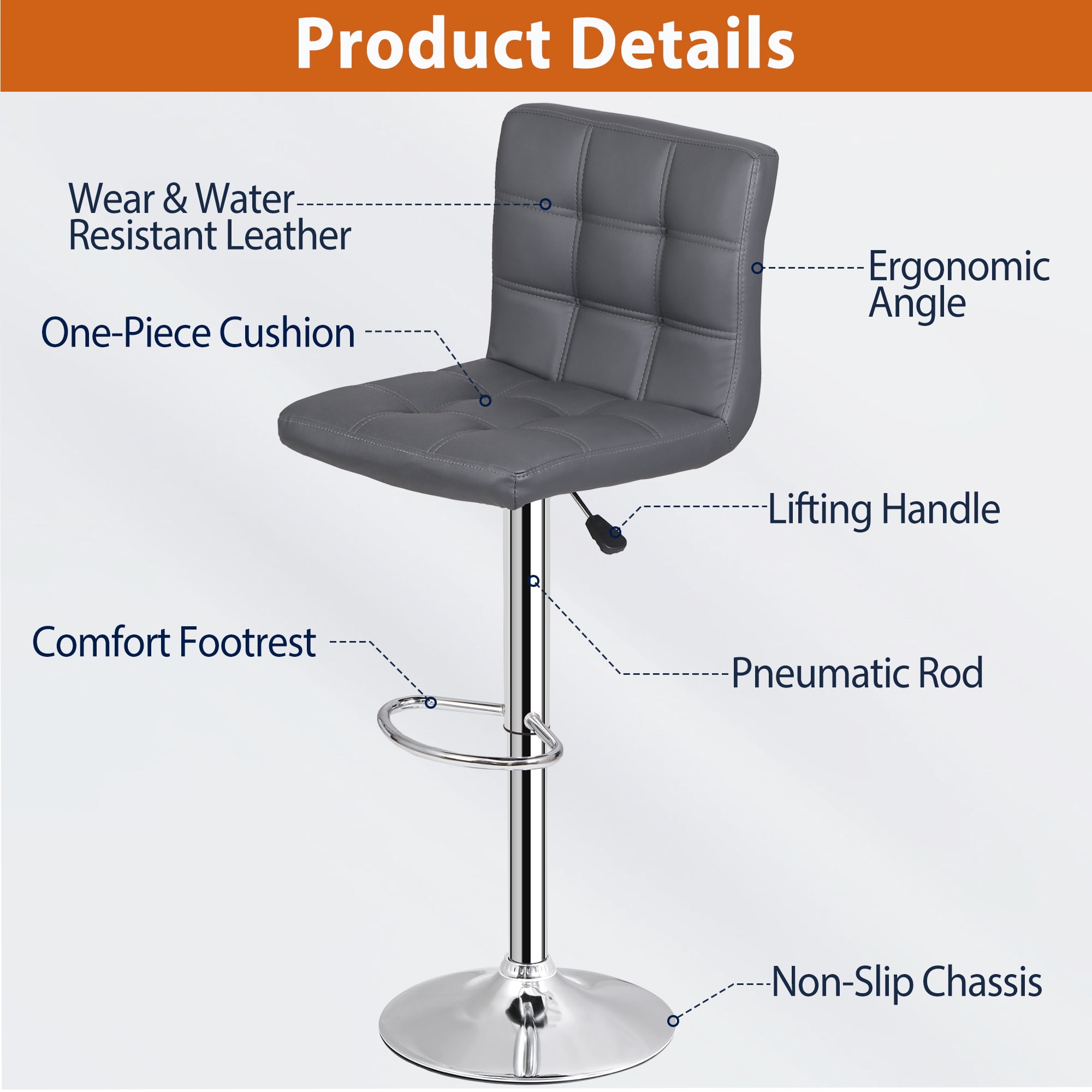 ZenSports Set of 4 Adjustable Stool W/Back - PU Leather Swivel Barstools Bar Indoor Kitchen Counter Stool Gray