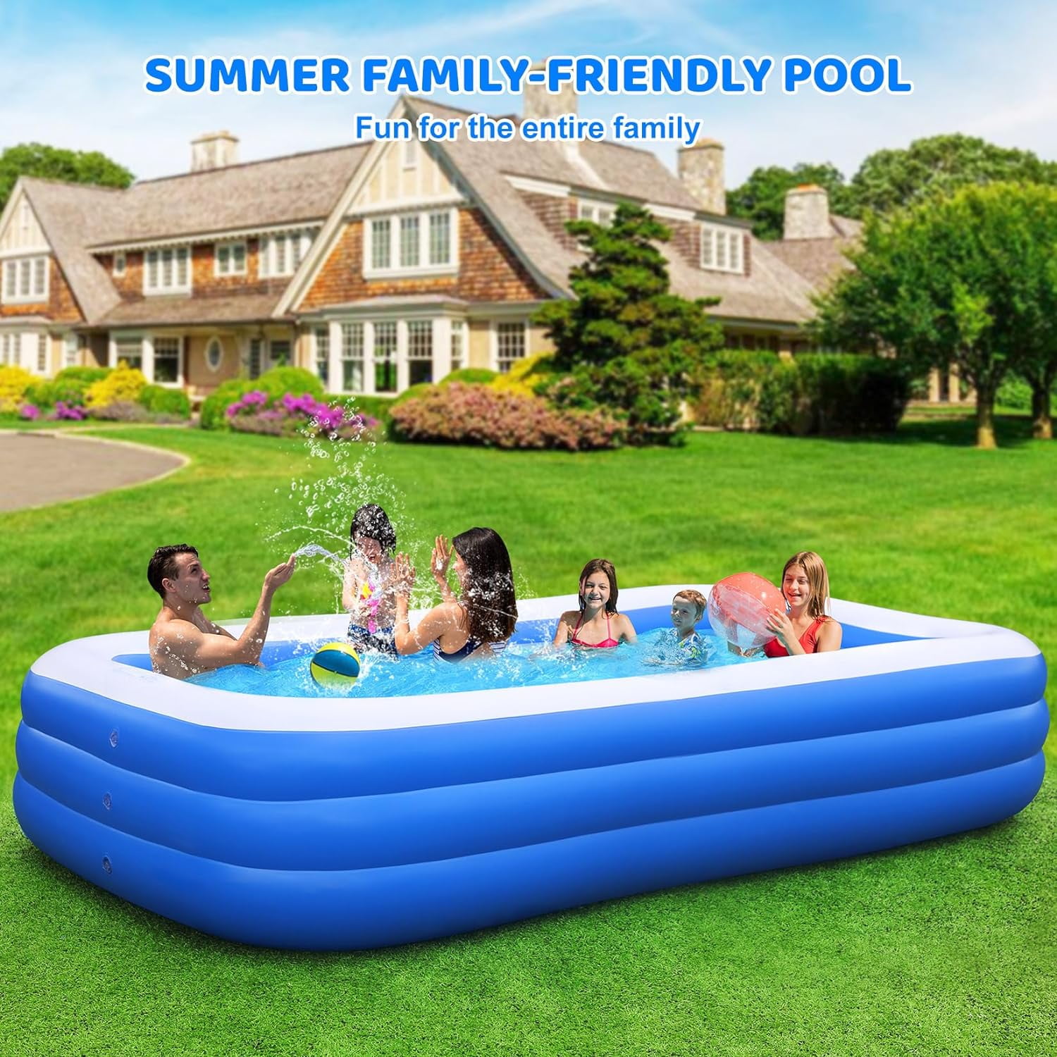 Inflatable Swimming Pool with Pump, Cuopluber 120" x 72" x 22" Large Inflatable Pool for Adults and Kids, Thickened Blow Up Pools for Outdoor, Garden, Backyard, Summer Water Party
