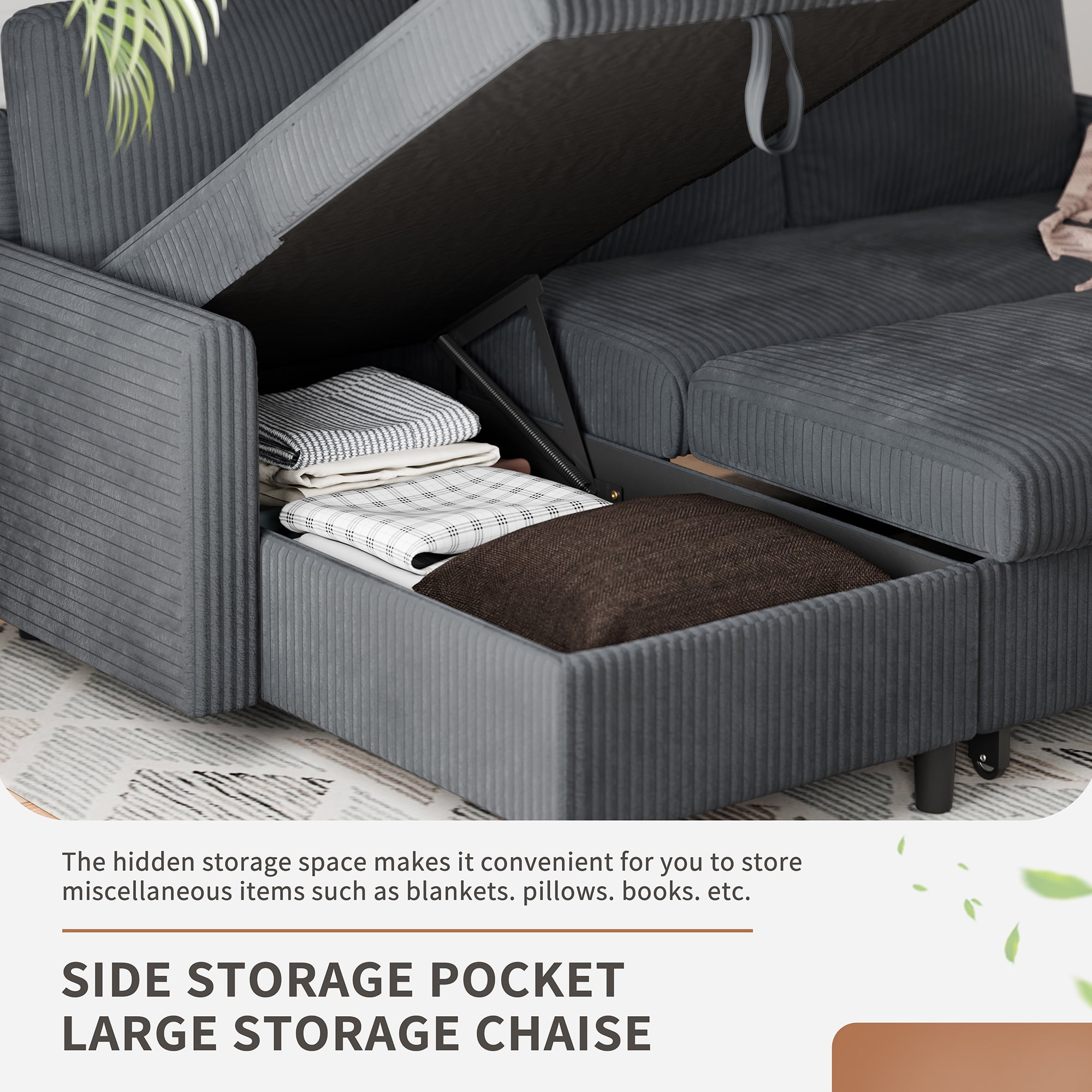 Walsunny Pull Out Sectional Sleeper Sofa Bed L Shape Couches with Reversible Storage Chaise for Living Rooms Small Rooms Apartment,Dark Gray