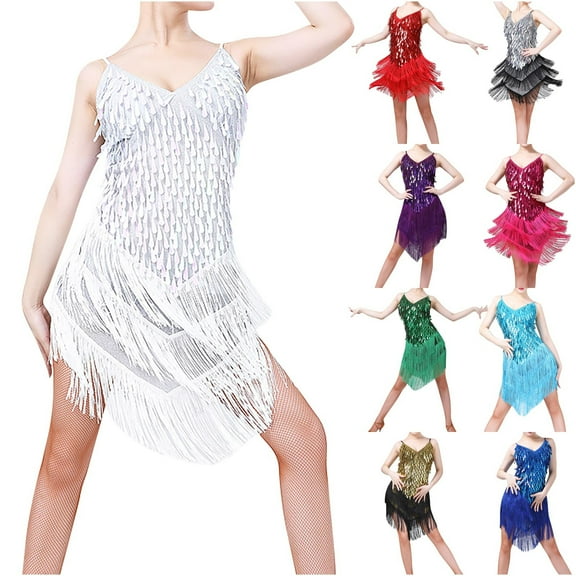 Lovskoo Women's Flapper Dress 1920S Sequin Tassel Latin Party Cocktail Dress Ballroom Dance Costume Vintage Fringe Dress Blue