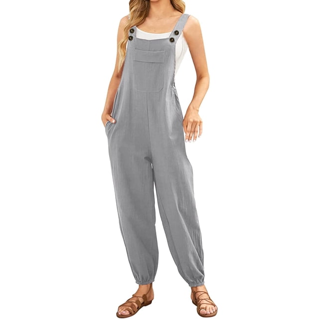 Overol sin mangas para mujer, estilo casual, de verano, pierna ancha, pantalones bottons, manga larga, con botones Gris Extra Grande Gris Extra Grande Xishao ropa