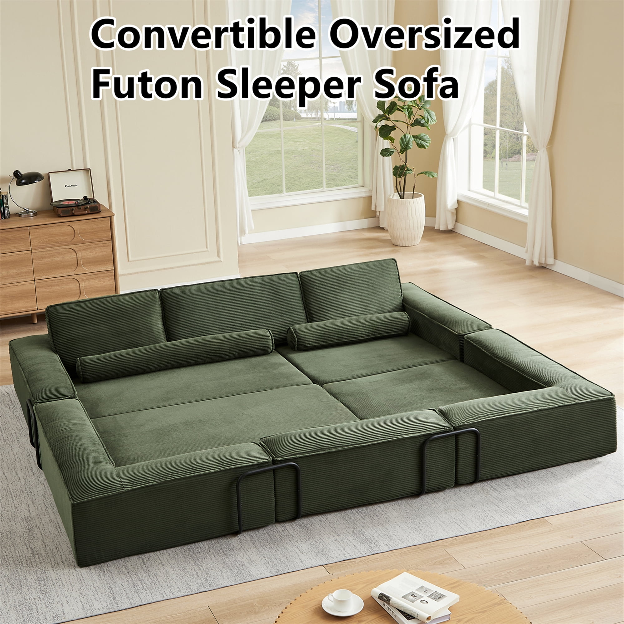Aukfa 109" Oversized Convertible Sofa Bed Futon with Fixed Frame, Folding Pull Out Modular Boneless Sofa for Living Room, Corduroy, Green