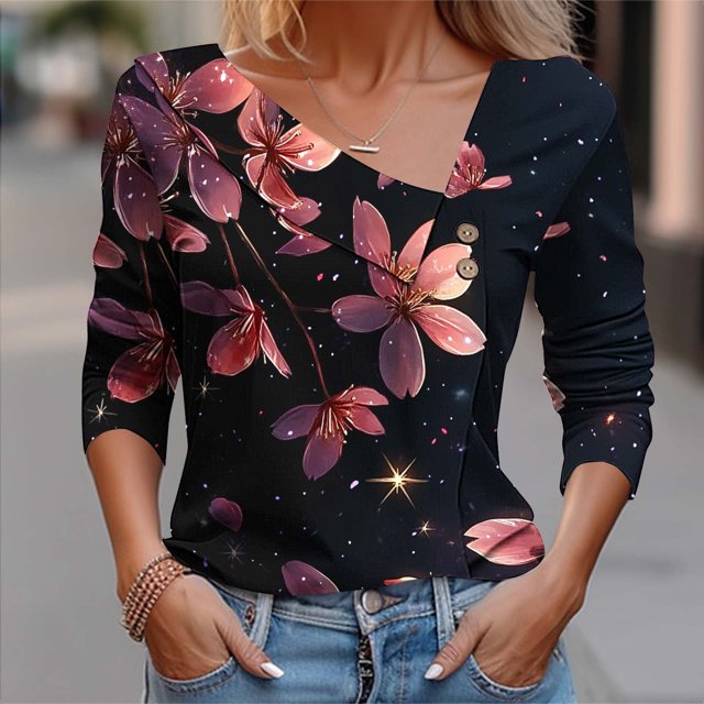 FcBaudy Hauts pour Femmes, Blouses & Chemises à Manches Longues Col en V, Chemises pour Femmes Mode Décontractée Imprimée Blouse Boutonnée T-shirt Blouse Femme Blouse en Polyester