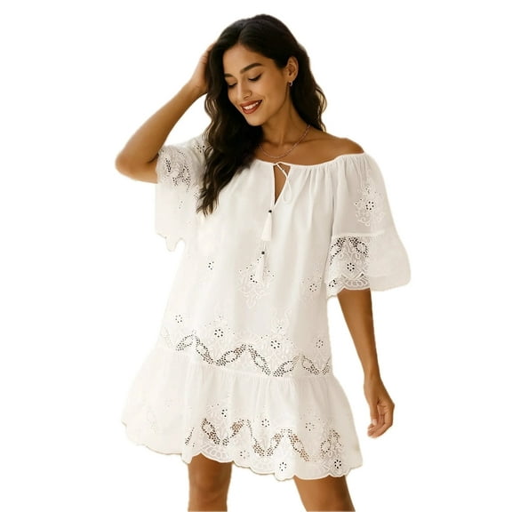Women's Eyelet Embroidered Tassel Tie Neck Dress with Ruffled Hem Cotton % Fabric for Everyday Casual Summer Wear