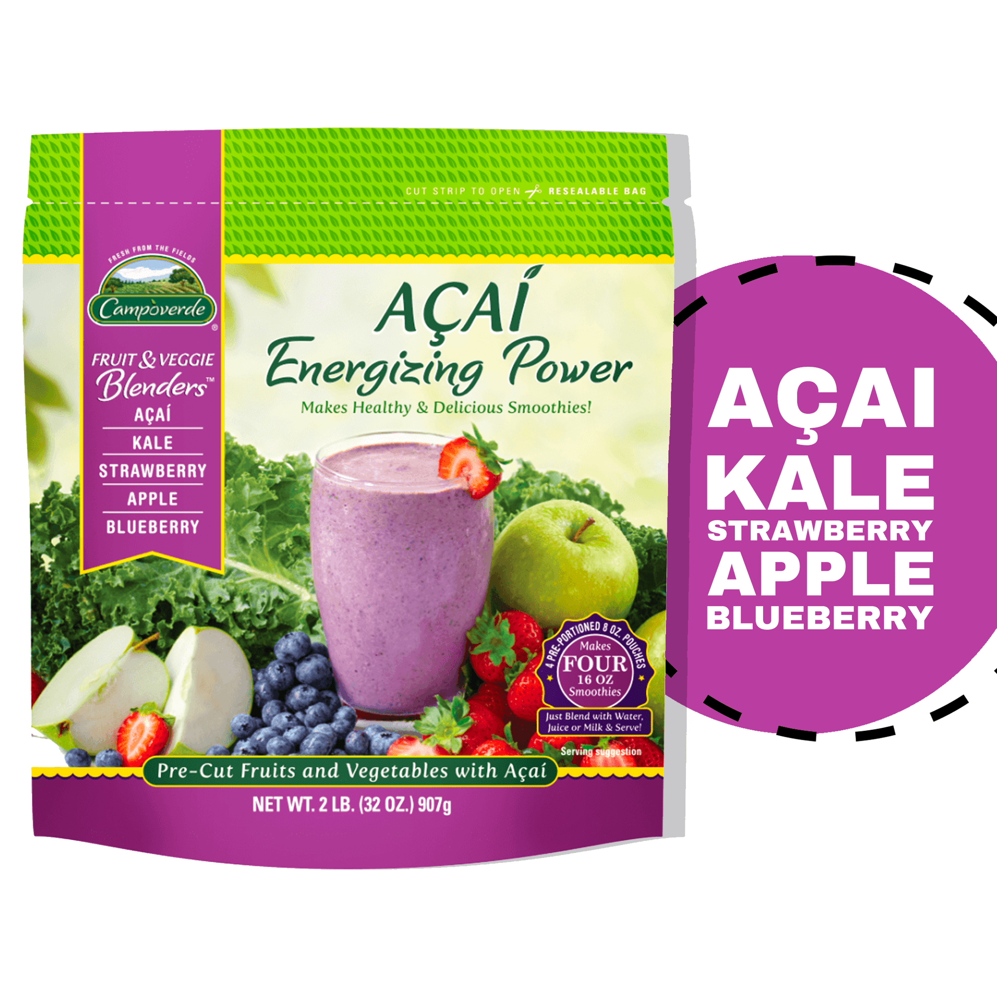 Campoverde Fruit & Veggie Blenders Frozen Aa Energizing Power Smoothie Packs,Aa-Kale-Strawberry-Apple-Blueberry, 32 oz, 4 pk